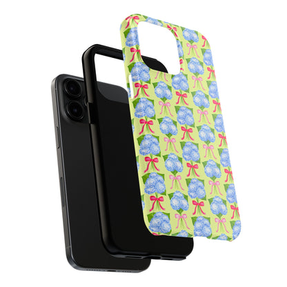 Watercolor Blue Hydrangea Bouquets with Hot Pink and Light Pink Bow Ribbons Illustrated Pattern Yellow Tough Phone Case | Various Models