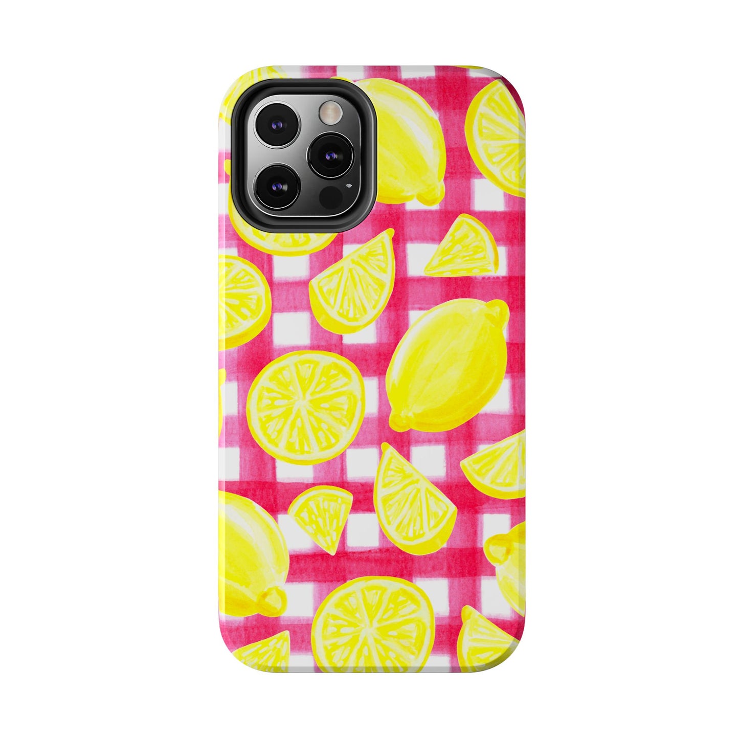 Yellow Lemons & Hot Pink Gingham Watercolor Illustrated Tough Phone Case | Various Models Available
