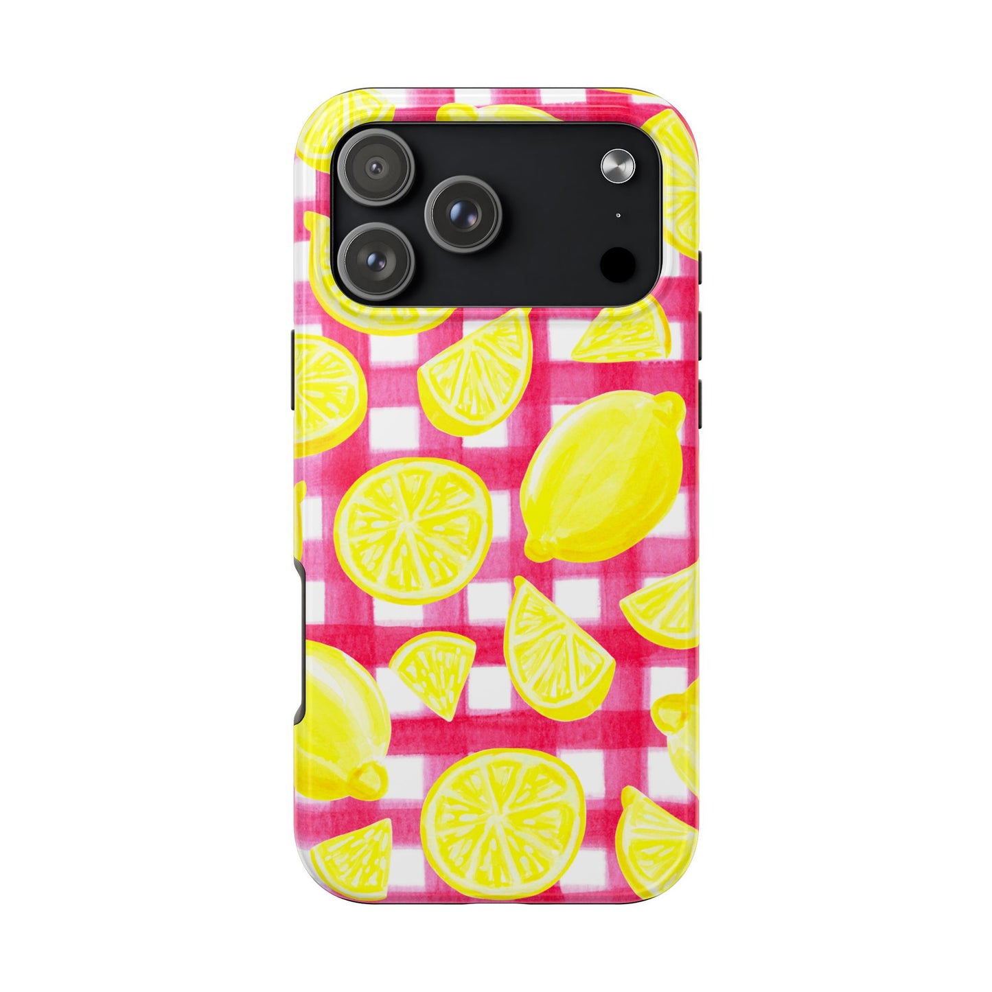 Yellow Lemons & Hot Pink Gingham Watercolor Illustrated Tough Phone Case | Various Models Available
