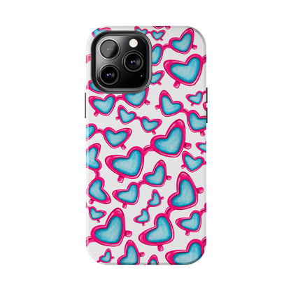 Pink & Blue Heart Shaped Sunglasses Watercolor Illustrated Tossed Pattern Tough Case | Various Models