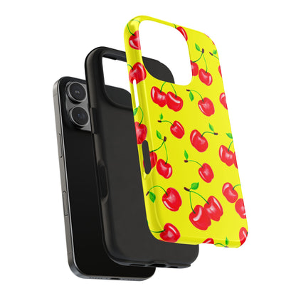 Tossed Red Watercolor Cherries Illustrated Pattern Bright Yellow Tough Phone Case | Various Models