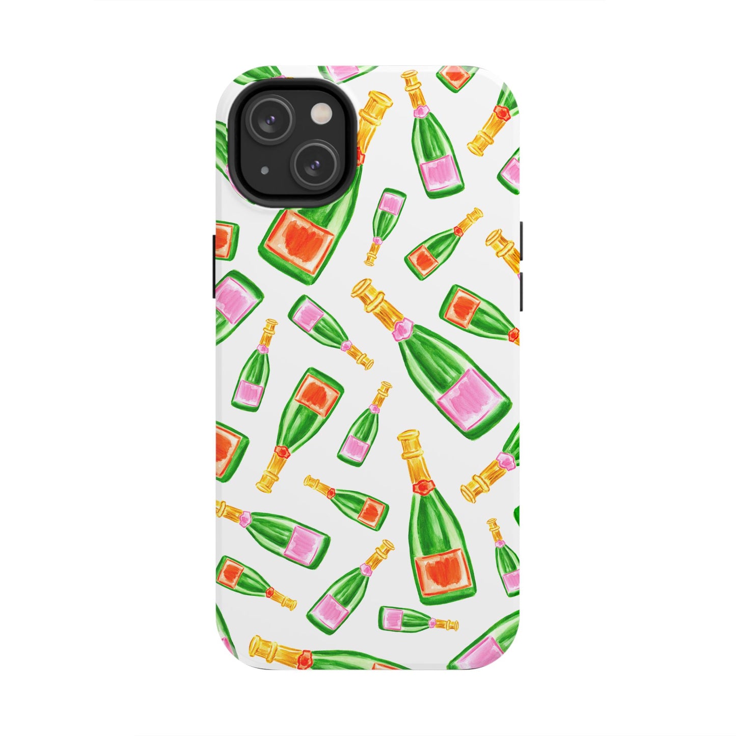 Tossed Pink and Green & Orange and Green Watercolor Illustrated Champagne Bottles Pattern Tough Phone Case | Various Models