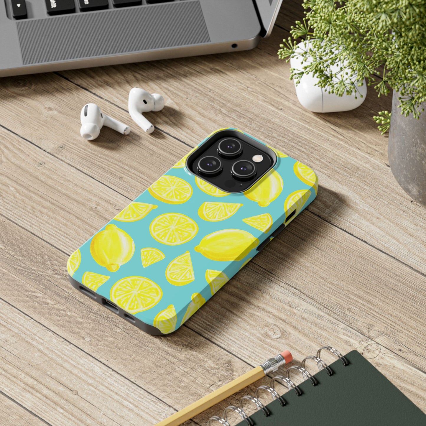 Bright Yellow Lemons Watercolor Illustrated Tossed Pattern Turquoise Blue Tough Phone Case | Various Models