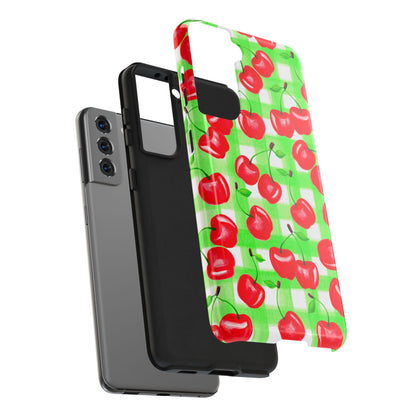 Red Tossed Cherries Green Gingham Watercolor Illustrated Tough Phone Case | Various Models Available