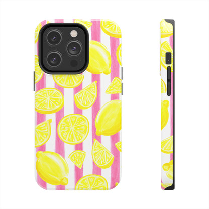 Pink Lemonade Yellow Lemons with Pink & White Watercolor Stripes Tough Phone Case