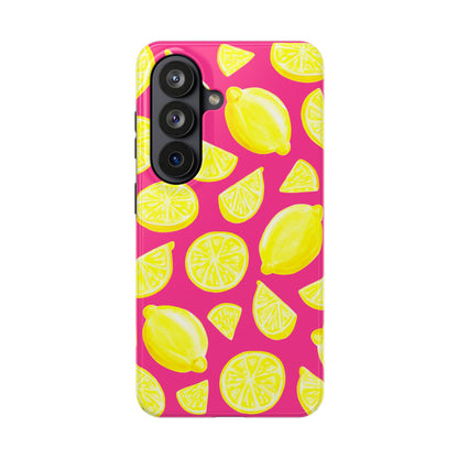 Bright Yellow Lemons Watercolor Illustrated Tossed Pattern Watermelon Pink Tough Phone Case | Various Models