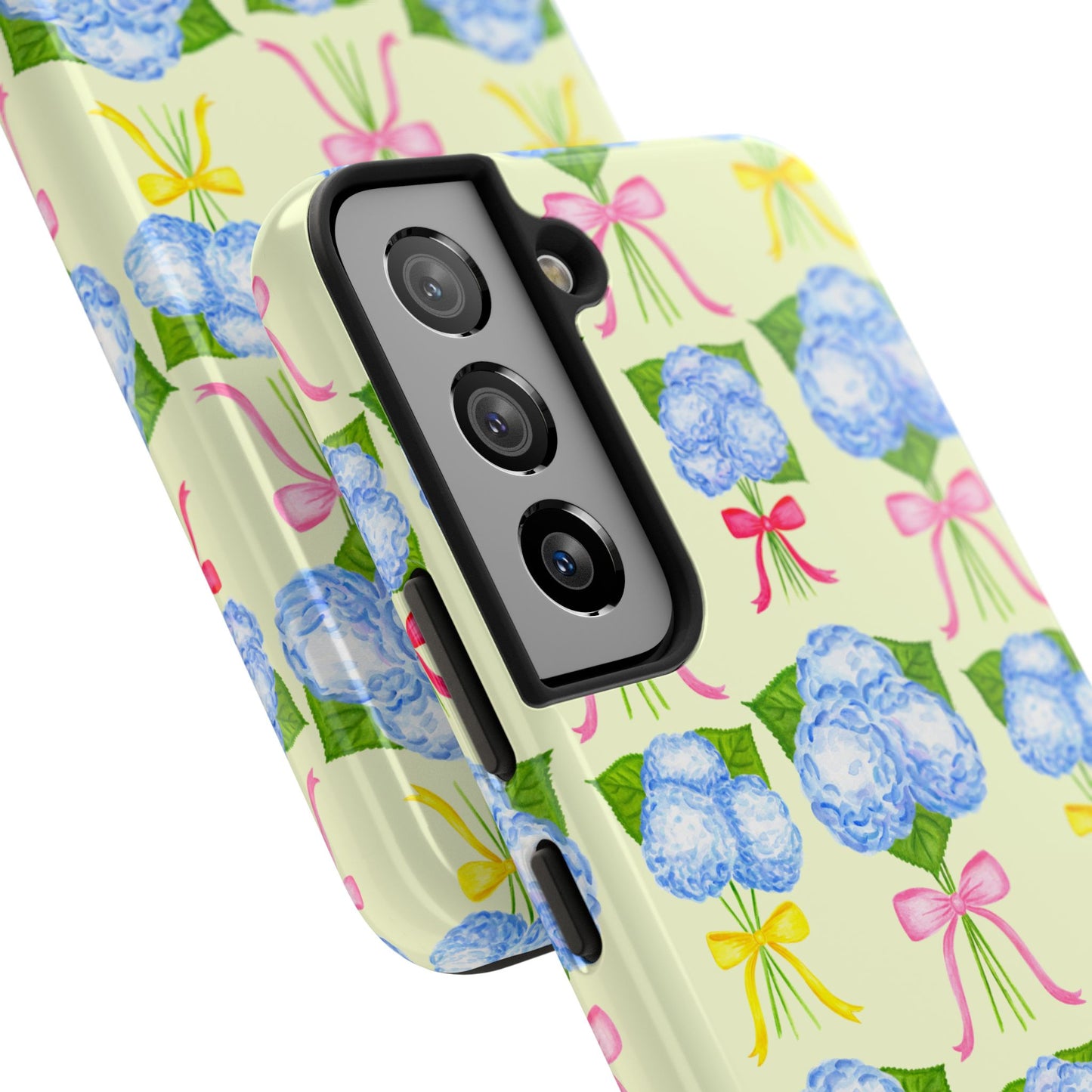 Blue Hydrangeas with Hot Pink, Yellow, Light Pink Bows Watercolor Illustrated Patterned Light Yellow Tough Phone Case | Various Models