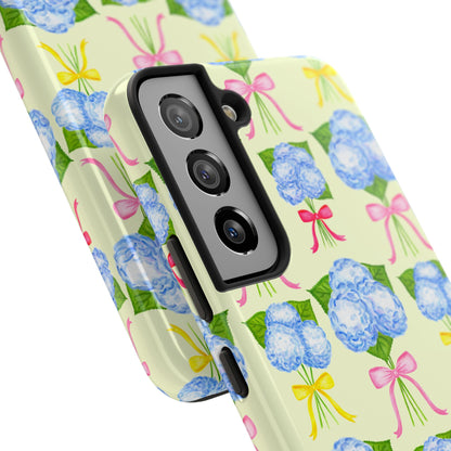 Blue Hydrangeas with Hot Pink, Yellow, Light Pink Bows Watercolor Illustrated Patterned Light Yellow Tough Phone Case | Various Models