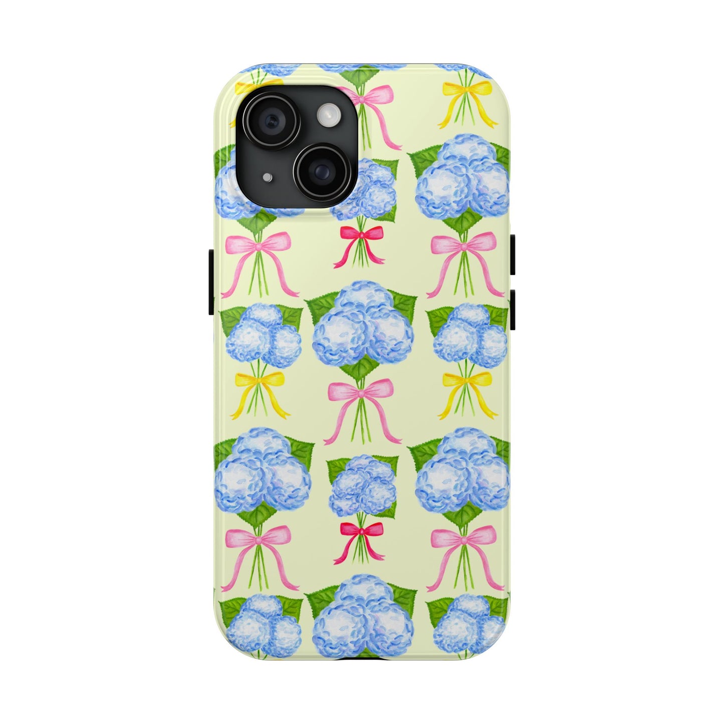 Blue Hydrangeas with Hot Pink, Yellow, Light Pink Bows Watercolor Illustrated Patterned Light Yellow Tough Phone Case | Various Models