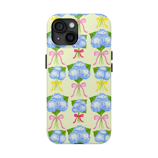 Blue Hydrangeas with Hot Pink, Yellow, Light Pink Bows Watercolor Illustrated Patterned Light Yellow Tough Phone Case | Various Models iPhone 15
