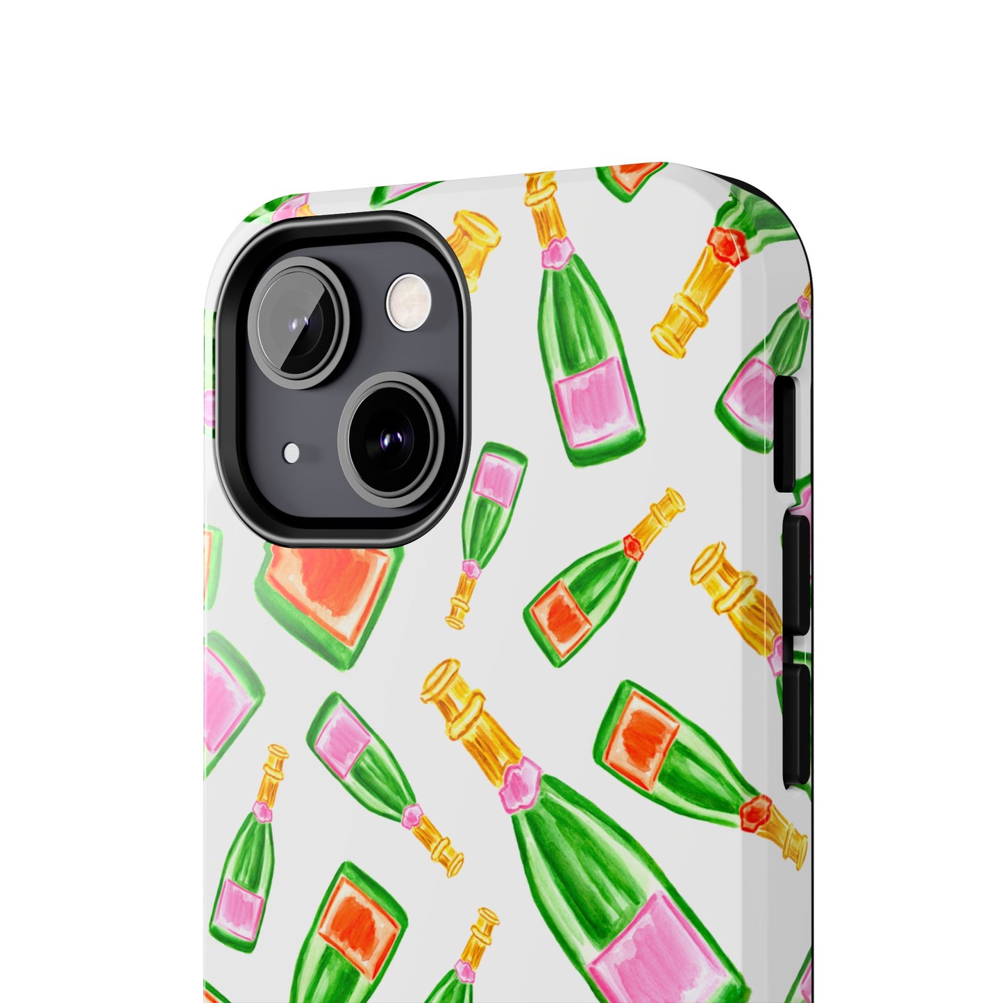 Tossed Pink and Green & Orange and Green Watercolor Illustrated Champagne Bottles Pattern Tough Phone Case | Various Models