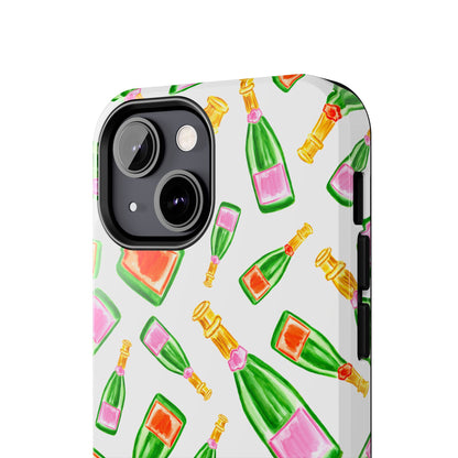 Tossed Pink and Green & Orange and Green Watercolor Illustrated Champagne Bottles Pattern Tough Phone Case | Various Models