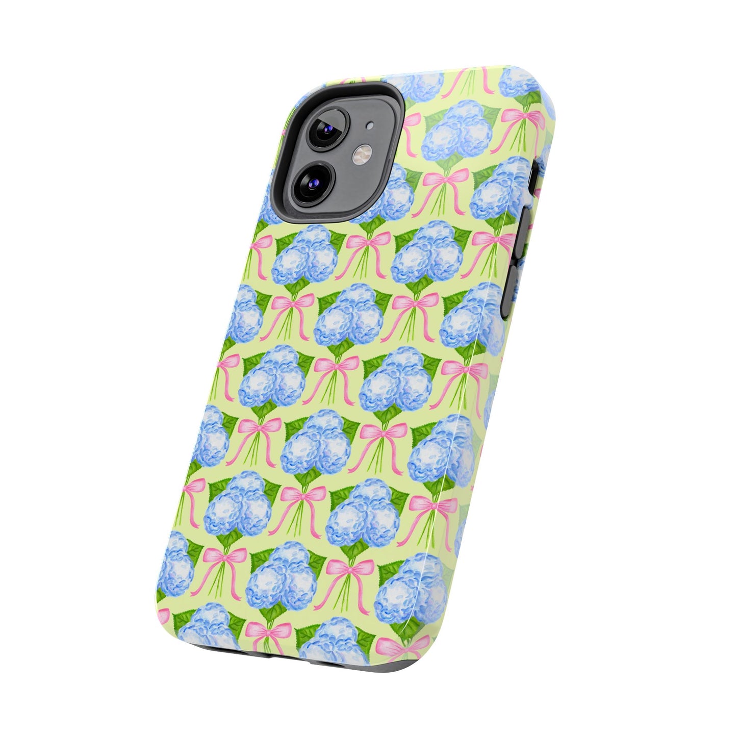 Blue Watercolor Hydrangea Bouquets with Light Pink Bows Watercolor Illustrated Patterned Yellow Tough Phone Case | Various Models