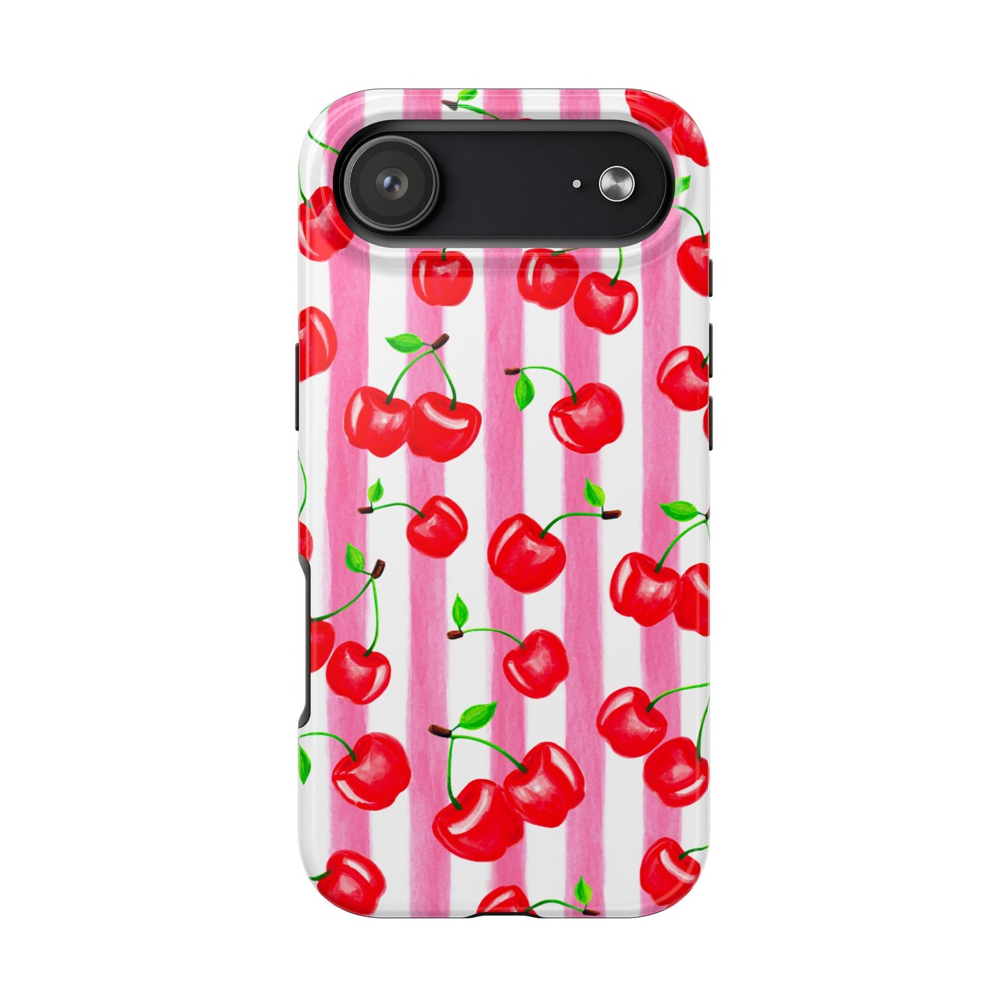 Tossed Red Watercolor Cherries Illustrated Pattern Light Pink Stripes Tough Phone Case | Various Models