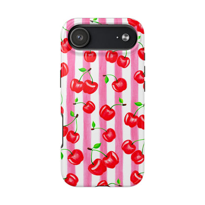 Tossed Red Watercolor Cherries Illustrated Pattern Light Pink Stripes Tough Phone Case | Various Models