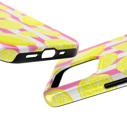 Pink Lemonade Yellow Lemons with Pink & White Watercolor Stripes Tough Phone Case