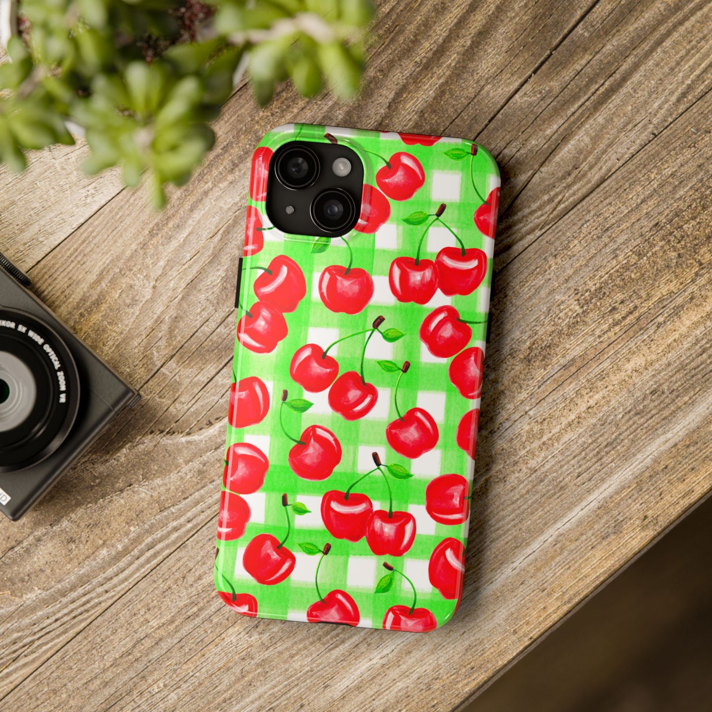 Red Tossed Cherries Green Gingham Watercolor Illustrated Tough Phone Case | Various Models Available