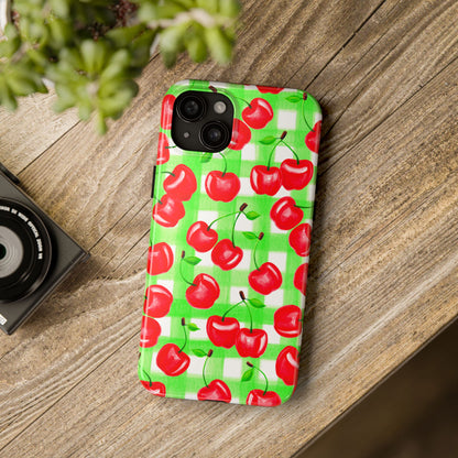 Red Tossed Cherries Green Gingham Watercolor Illustrated Tough Phone Case | Various Models Available