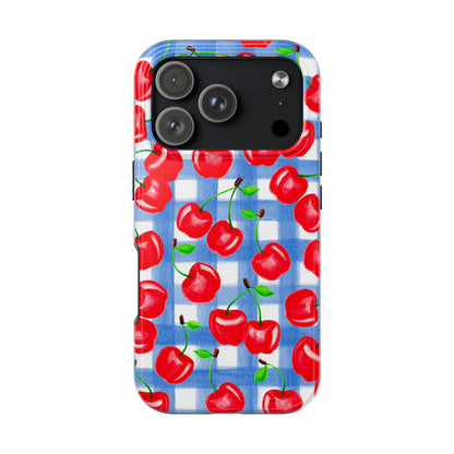 Tossed Red Cherries Blue Gingham Checkered Watercolor Illustrated Tough Phone Case | Various Models