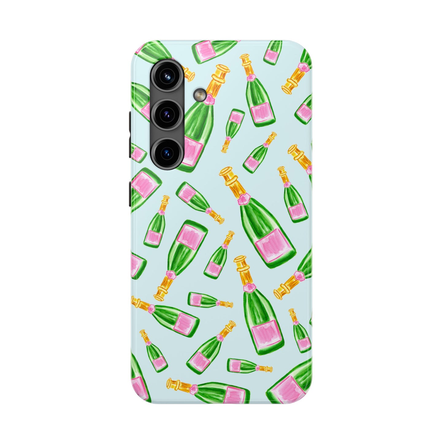Tossed Pink and Green Watercolor Illustrated Champagne Bottles Pattern Light Blue Tough Phone Case | Various Models