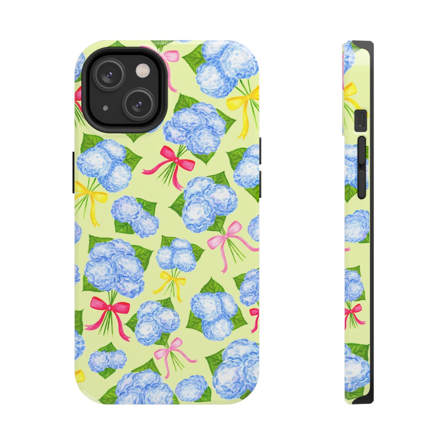 Blue Watercolor Hydrangea Bunches with Hot Pink, Yellow, Light Pink Bows Illustrated Patterned Yellow Tough Phone Case | Various Models