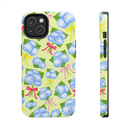 Blue Watercolor Hydrangea Bunches with Hot Pink, Yellow, Light Pink Bows Illustrated Patterned Yellow Tough Phone Case | Various Models
