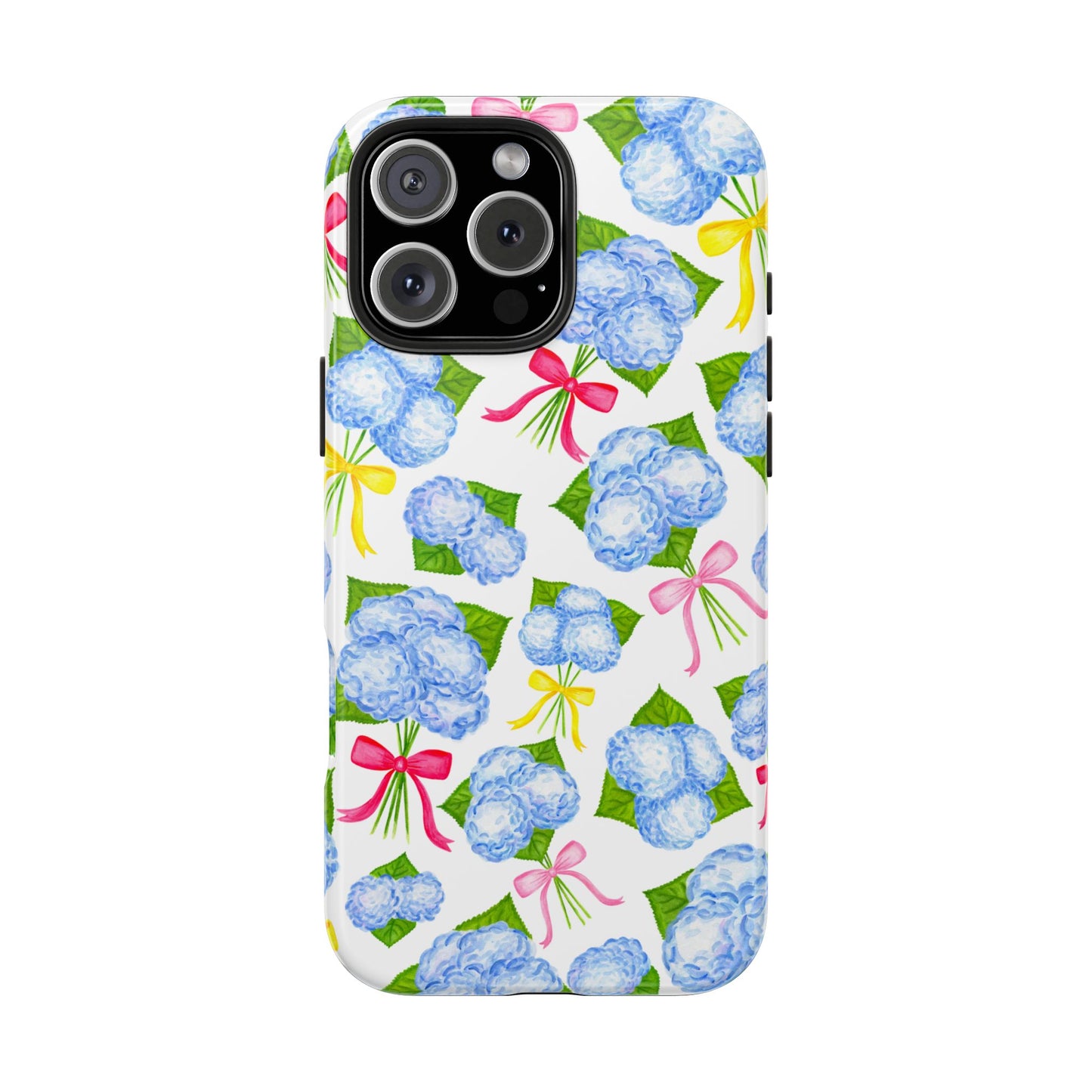 Blue Watercolor Hydrangea Bunches with Hot Pink, Yellow, Light Pink Bows Illustrated Patterned Tough Phone Case | Various Models