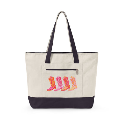 Row of Hot Pink & Orange Cowboy Boots Watercolor Printed Zippered Canvas Tote 18" x 14" | Various Colors