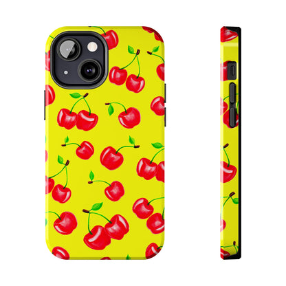Tossed Red Watercolor Cherries Illustrated Pattern Bright Yellow Tough Phone Case | Various Models