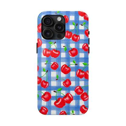 Tossed Red Watercolor Illustrated Cherries Light Blue Gingham Tough Phone Case | Various Models