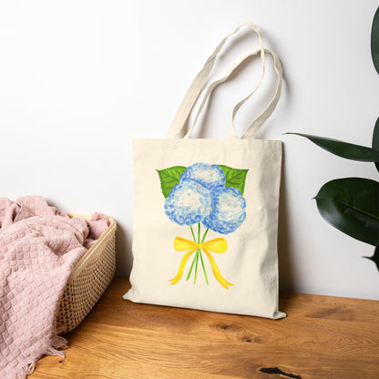 Canvas Book Tote | Blue Hydrangeas with Yellow Bow Watercolor Printed Farmers Market Tote | Coastal Preppy Gift