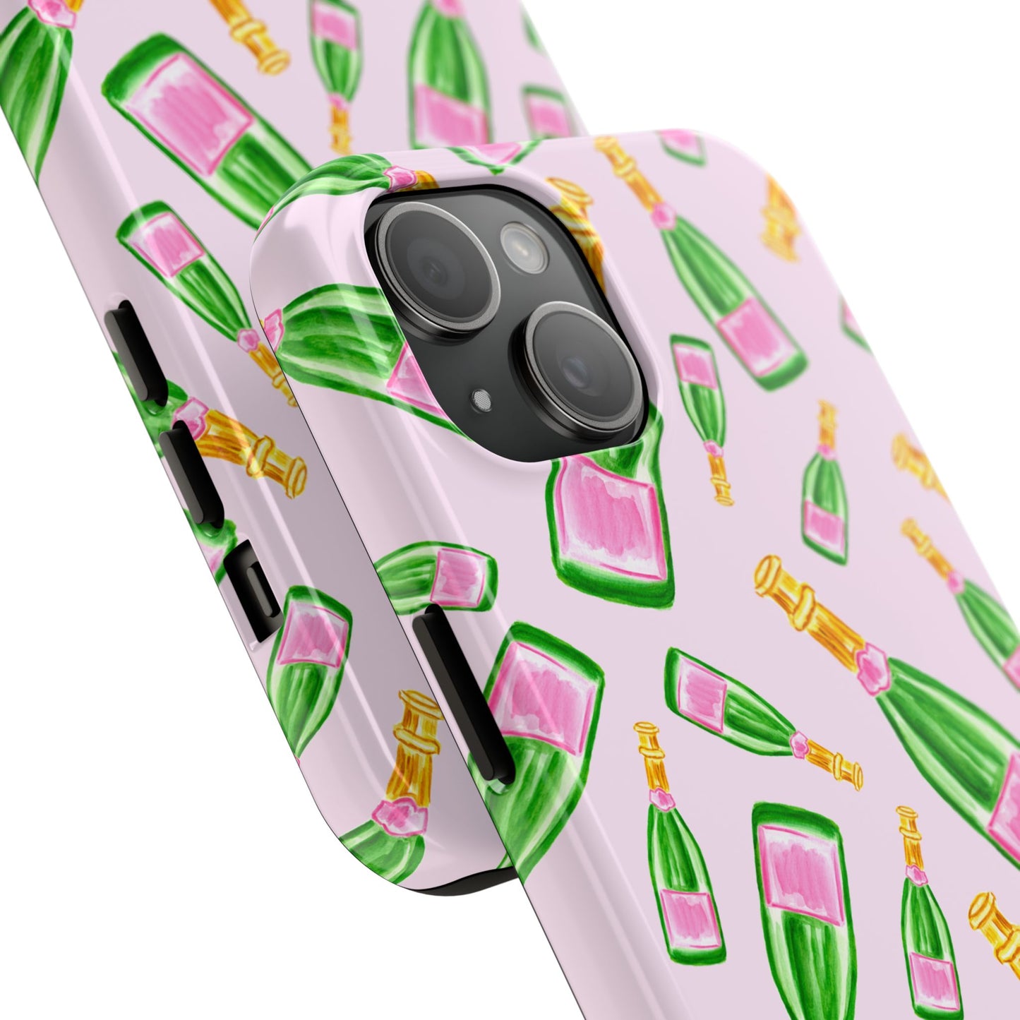Tossed Pink and Green Watercolor Illustrated Champagne Bottles Pattern Blush Pink Tough Phone Case | Various Models