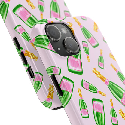 Tossed Pink and Green Watercolor Illustrated Champagne Bottles Pattern Blush Pink Tough Phone Case | Various Models