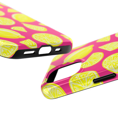 Bright Yellow Lemons Watercolor Illustrated Tossed Pattern Watermelon Pink Tough Phone Case | Various Models