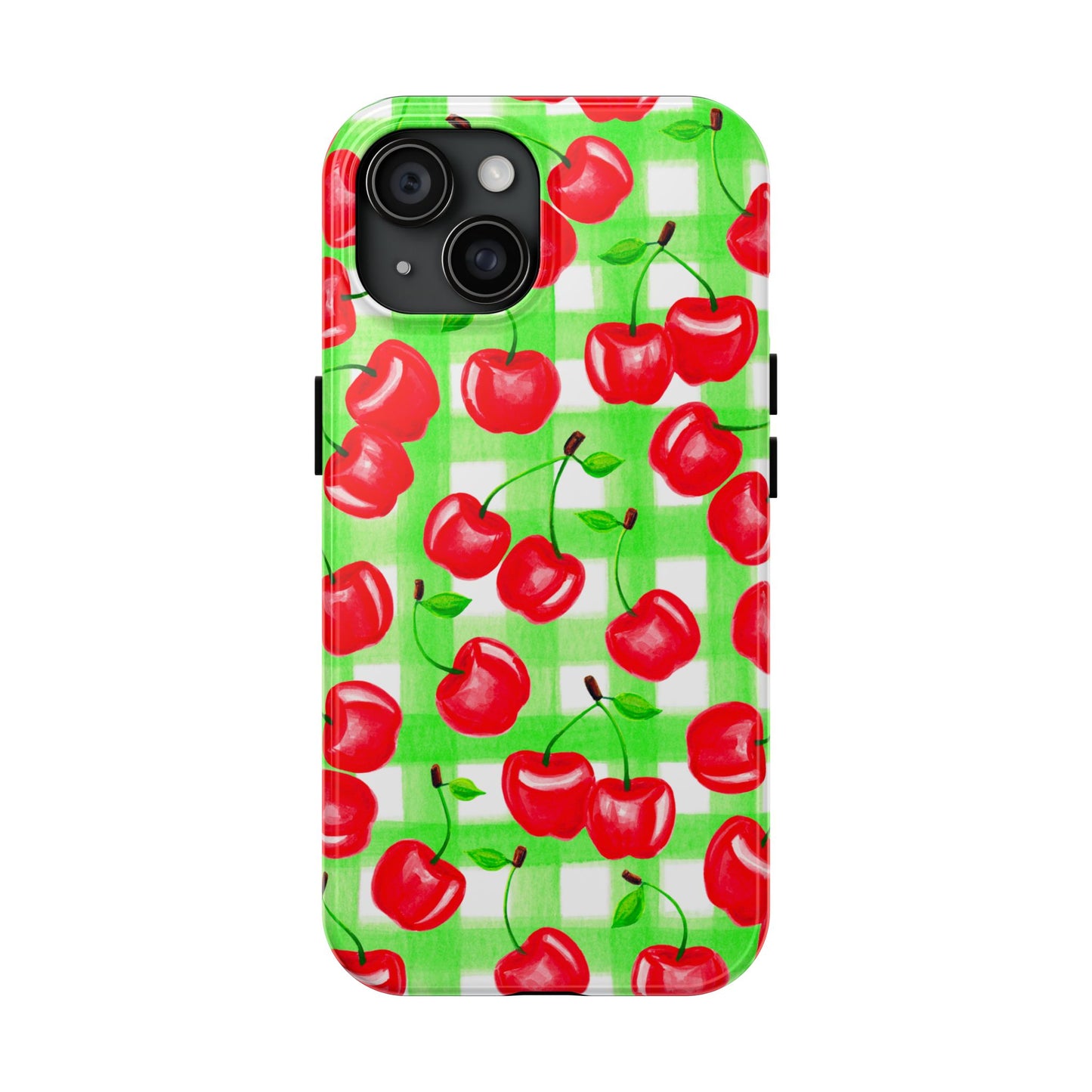 Red Tossed Cherries Green Gingham Watercolor Illustrated Tough Phone Case | Various Models Available