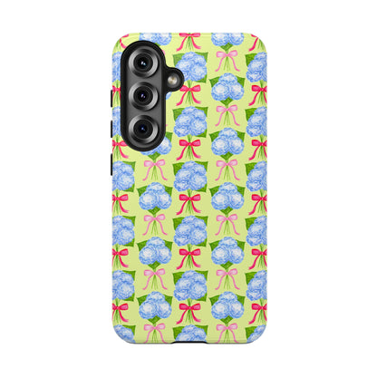 Watercolor Blue Hydrangea Bouquets with Hot Pink and Light Pink Bow Ribbons Illustrated Pattern Yellow Tough Phone Case | Various Models
