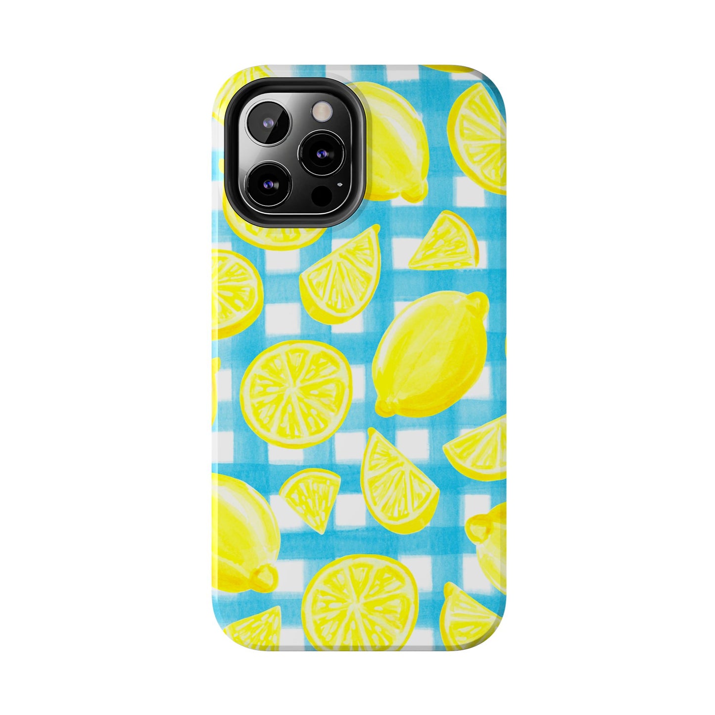 Yellow Lemons & Turquoise Gingham Watercolor Illustrated Tough Phone Case | Various Models Available