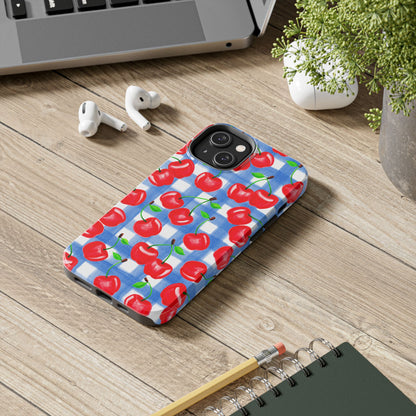 Tossed Red Cherries Blue Gingham Checkered Watercolor Illustrated Tough Phone Case | Various Models