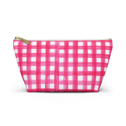 Hot Pink Gingham Watercolor Illustrated Printed Accessory Pouch T-Bottom | Large or Small
