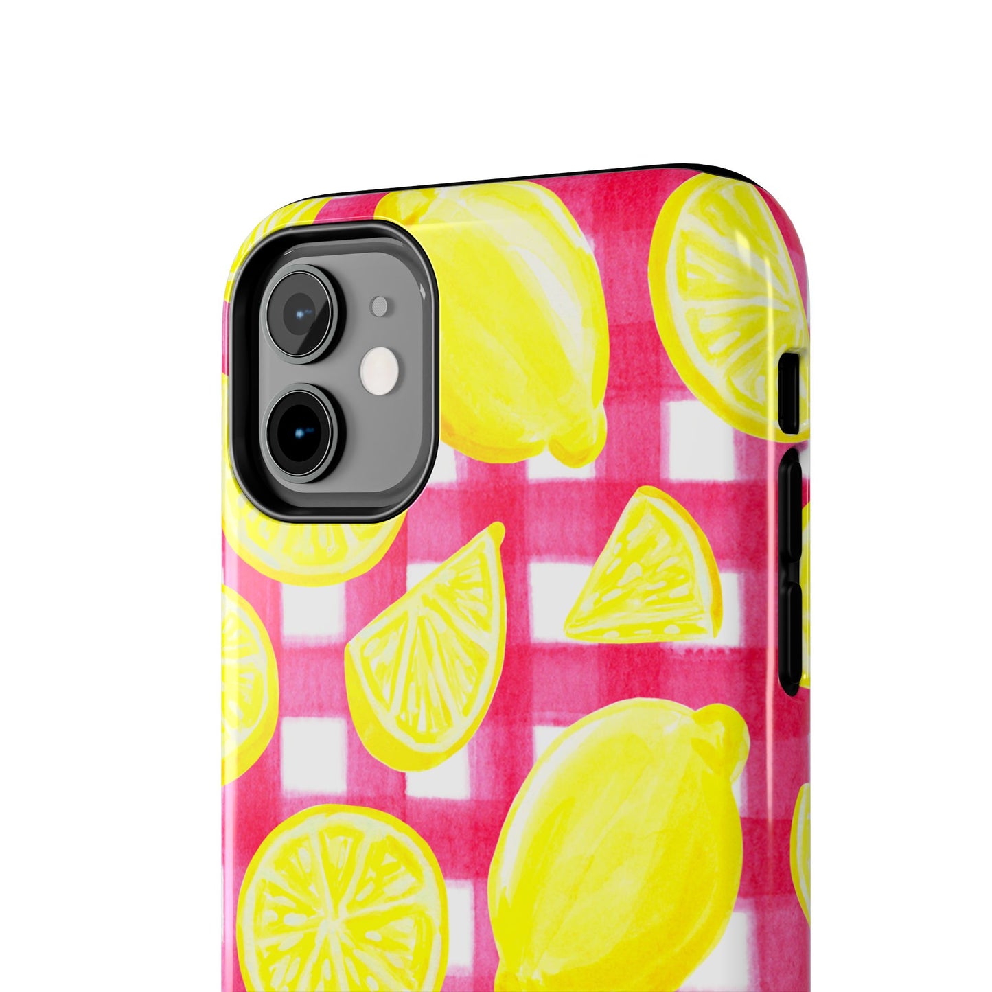 Yellow Lemons & Hot Pink Gingham Watercolor Illustrated Tough Phone Case | Various Models Available
