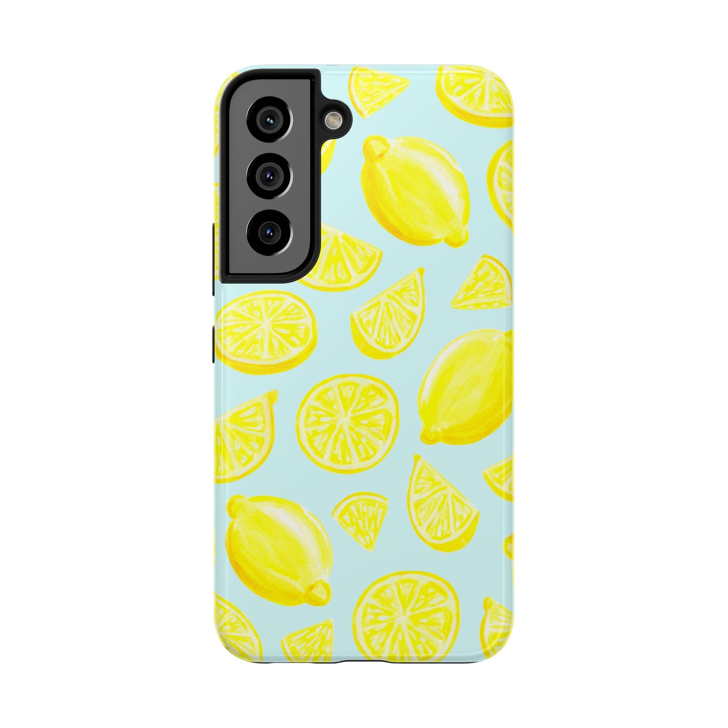 Bright Yellow Lemons Watercolor Illustrated Tossed Pattern Light Blue Tough Phone Case | Various Models