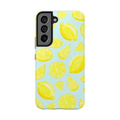 Bright Yellow Lemons Watercolor Illustrated Tossed Pattern Light Blue Tough Phone Case | Various Models