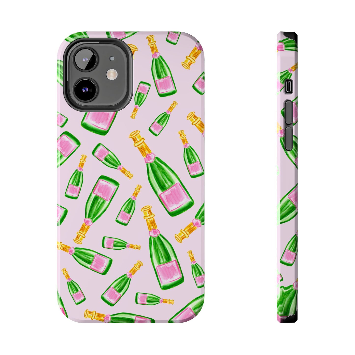 Tossed Pink and Green Watercolor Illustrated Champagne Bottles Pattern Blush Pink Tough Phone Case | Various Models
