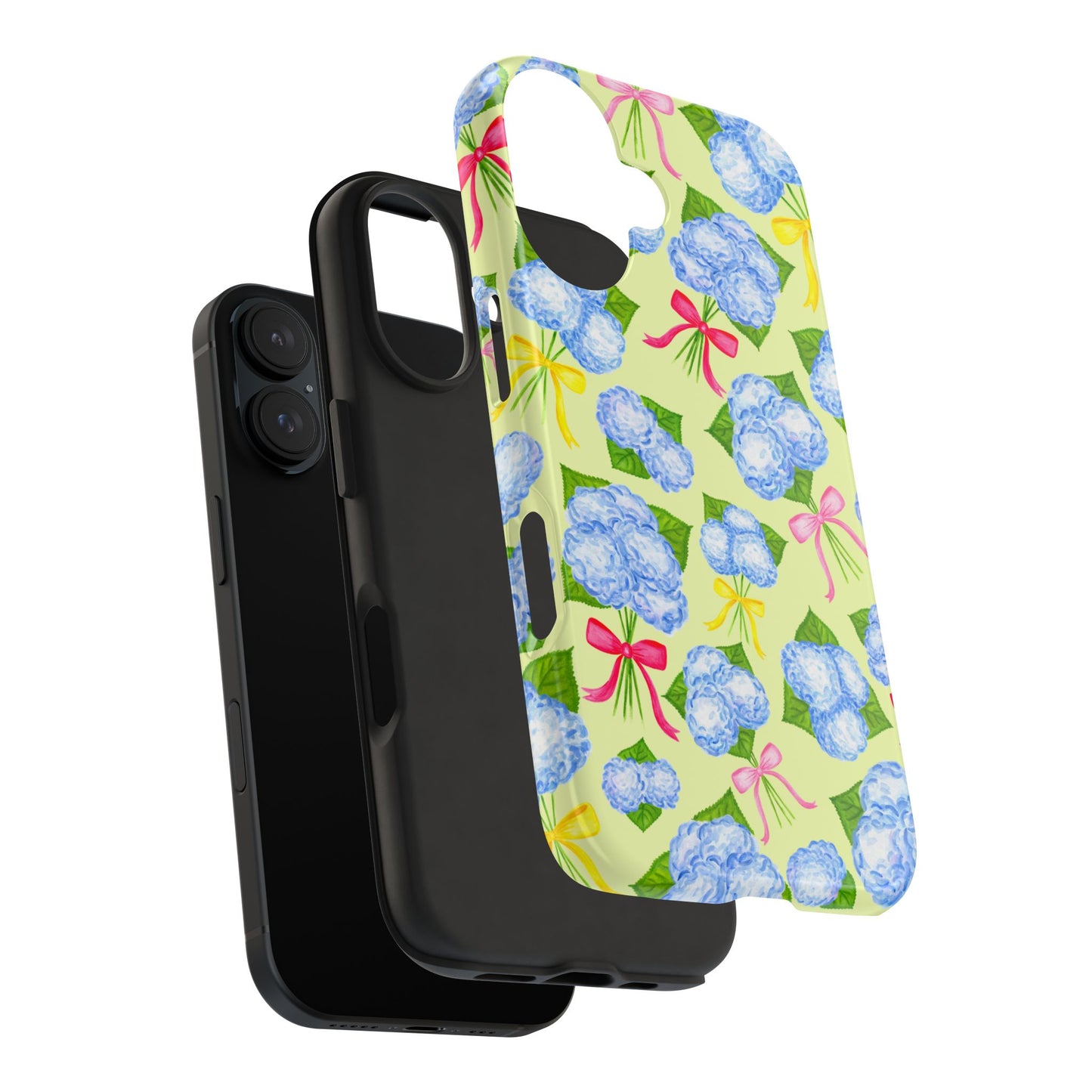 Blue Watercolor Hydrangea Bunches with Hot Pink, Yellow, Light Pink Bows Illustrated Patterned Yellow Tough Phone Case | Various Models