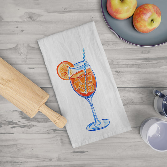 Tea Towel | Aperol Spritz Watercolor Illustration Cocktail Bar Towel | Kitchen Decor | Blue Orange Drink Art | House Warming Hostess Gift