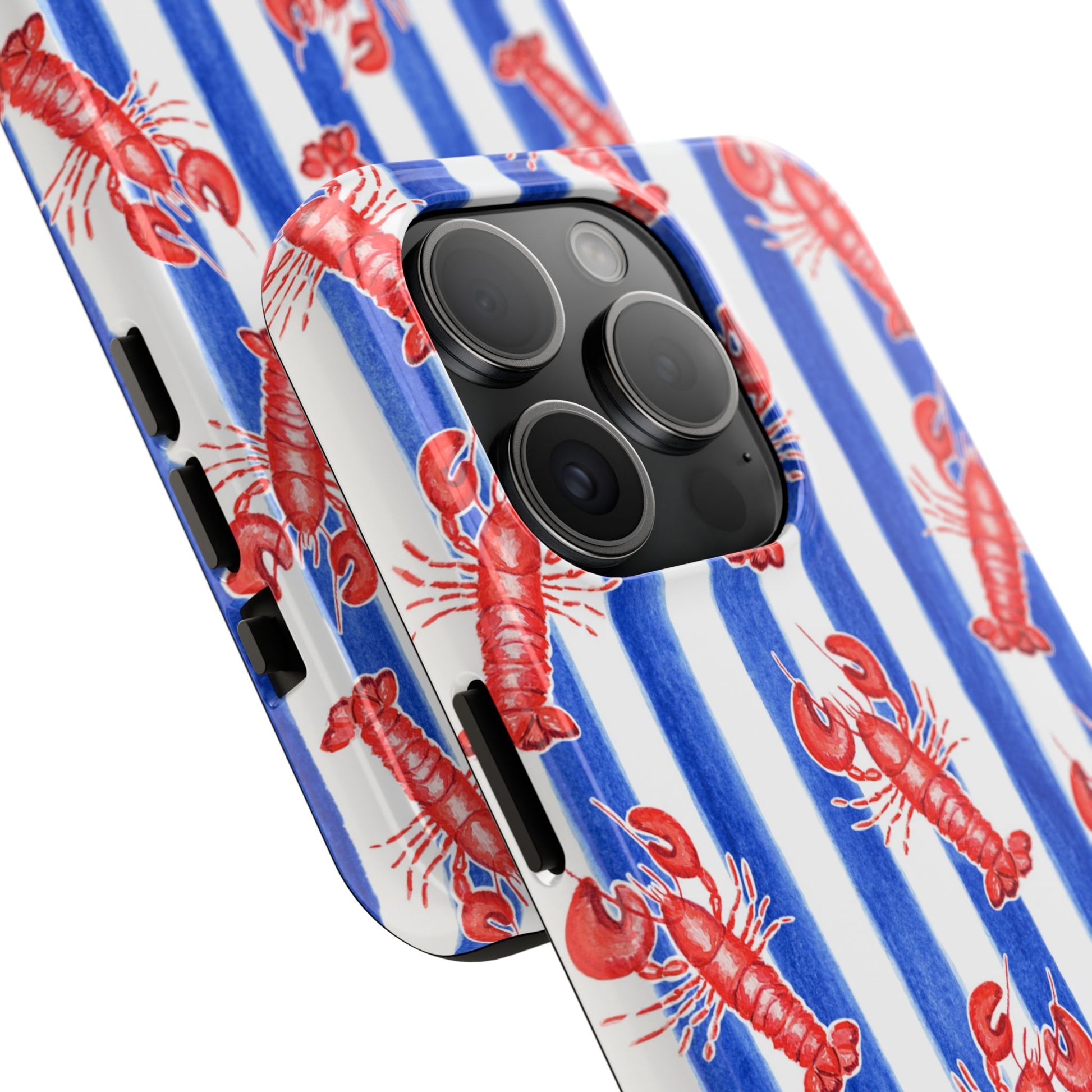 Blue & White Strip Red Lobster Watercolor Patterned Phone Case | Various Models
