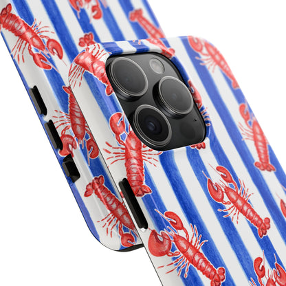 Blue & White Strip Red Lobster Watercolor Patterned Phone Case | Various Models