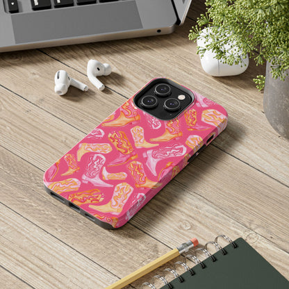 Tossed Hot Pink & Orange Watercolor Cowboy Boots Hot Pink Tough Phone Cases | Various Models