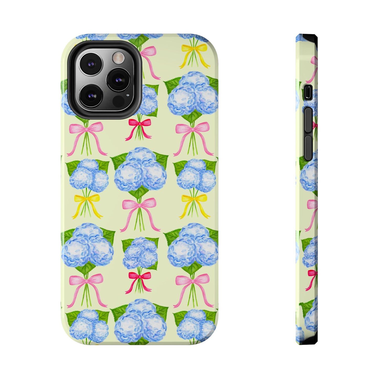 Blue Hydrangeas with Hot Pink, Yellow, Light Pink Bows Watercolor Illustrated Patterned Light Yellow Tough Phone Case | Various Models