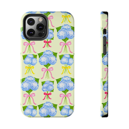 Blue Hydrangeas with Hot Pink, Yellow, Light Pink Bows Watercolor Illustrated Patterned Light Yellow Tough Phone Case | Various Models